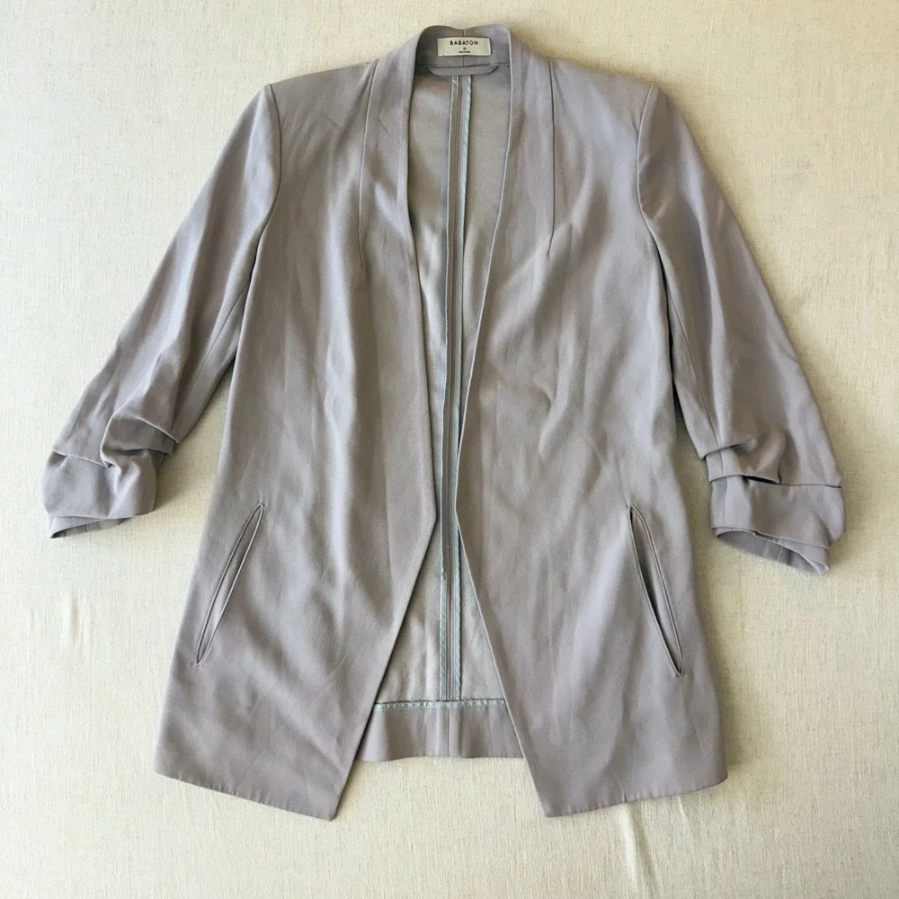 Babaton Aritzia Power Hip Blazer 0 Mauve Taupe Ruched 3/4 Sleeve Open Front
